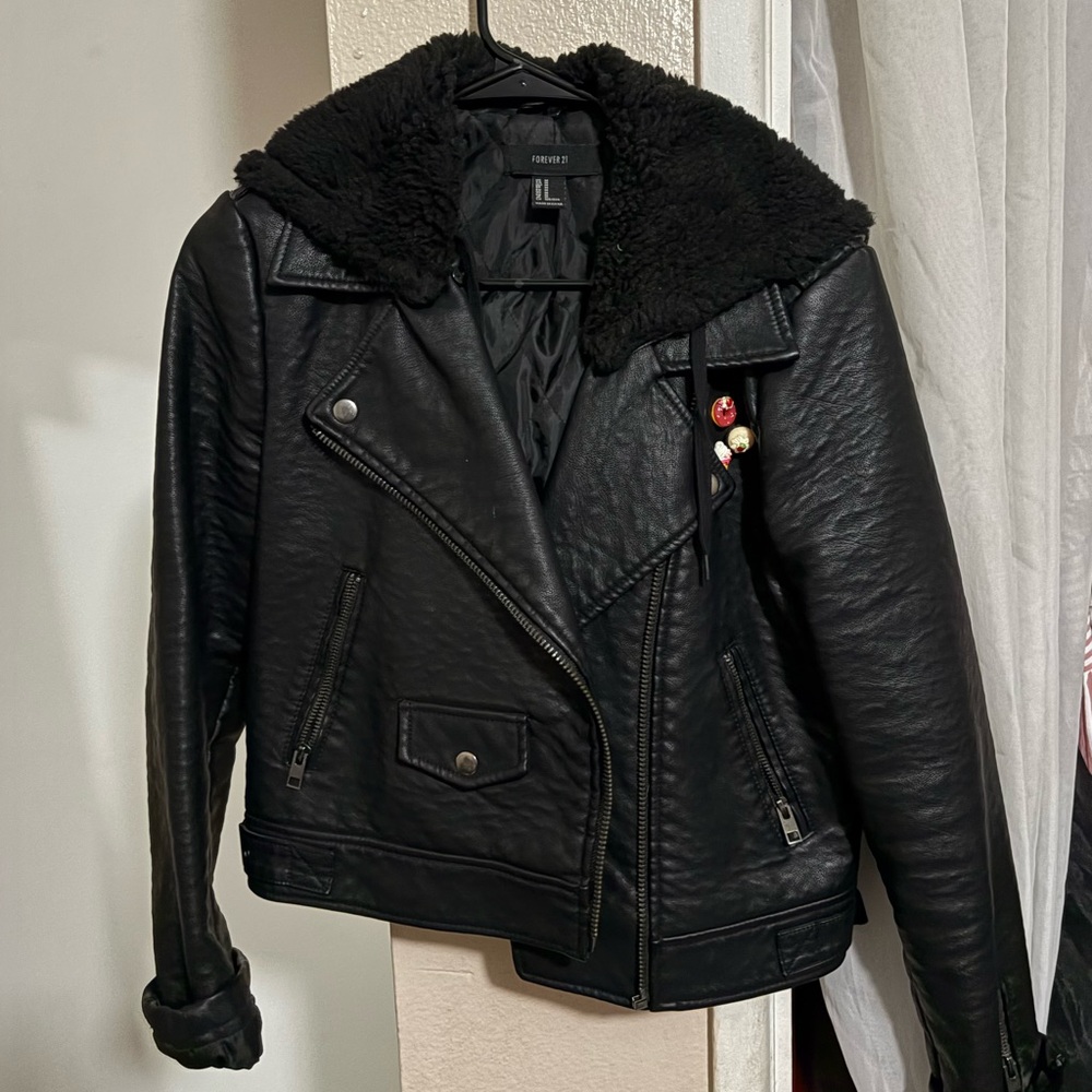 Forever 21 Black Leather Jacket with Fuzzy Collar